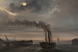 brown ship digital art, artwork, painting, Moon, boat