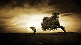 bowing tree and person illustration, fantasy art, religion, sky, praying