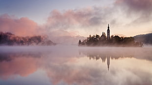 castle on island with fog artwork