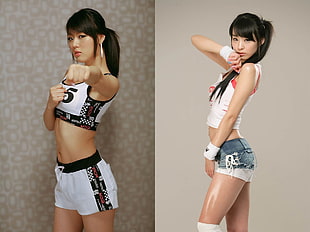 women's white and black sports bra and drawstring short shorts set, Hwang Mi Hee, collage, Asian, sports bra