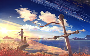 girl and boy on beach shore with sword painting HD wallpaper