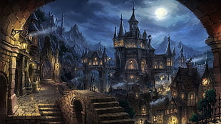 castle during nighttime painting, fantasy art, fantasy city
