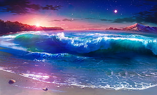 blue and red abstract painting, artwork, sunset, clouds, waves