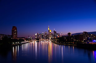 aerial view of buildings during night time, frankfurt HD wallpaper
