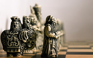 beige and black chess pieces, photography, chess, board games, closeup