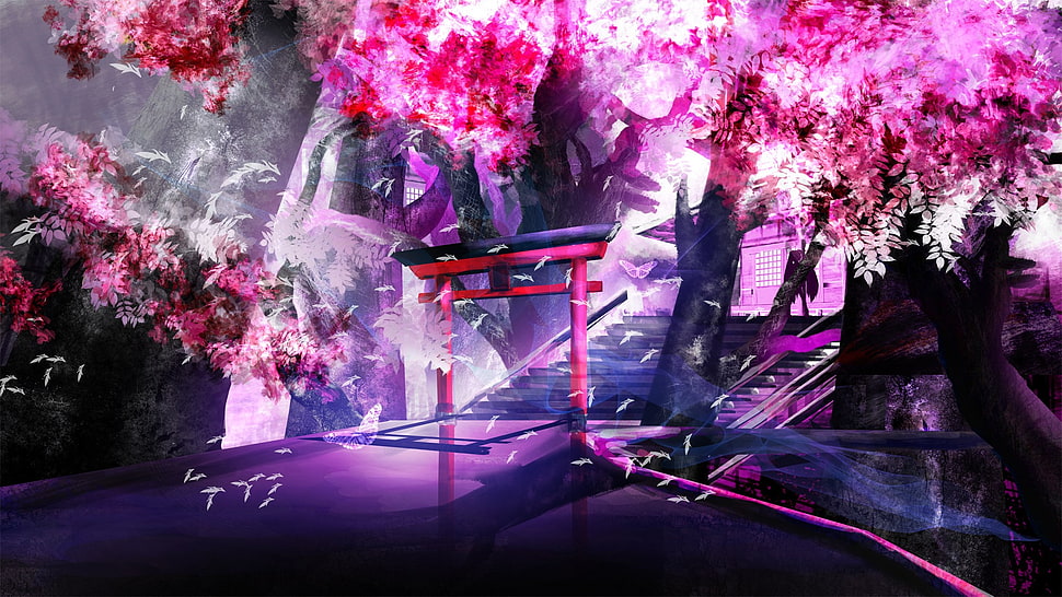 anime, landscape, shrine, cherry trees HD wallpaper