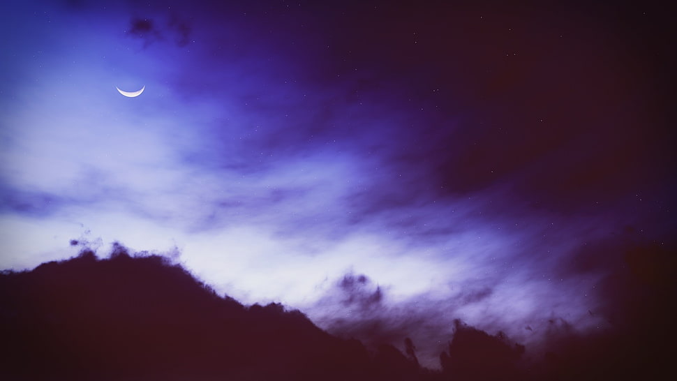 white crescent moon, Moon, dark, blue, clouds HD wallpaper