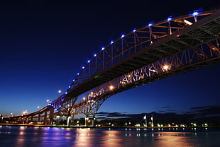 lighted suspension bridge, cityscape, bridge, Canada, Blue Water Bridge