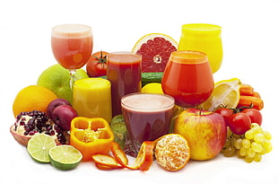 assorted fruits, vegetables and juices