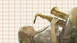 female animation character playing brass saxophone graphic wallpaper