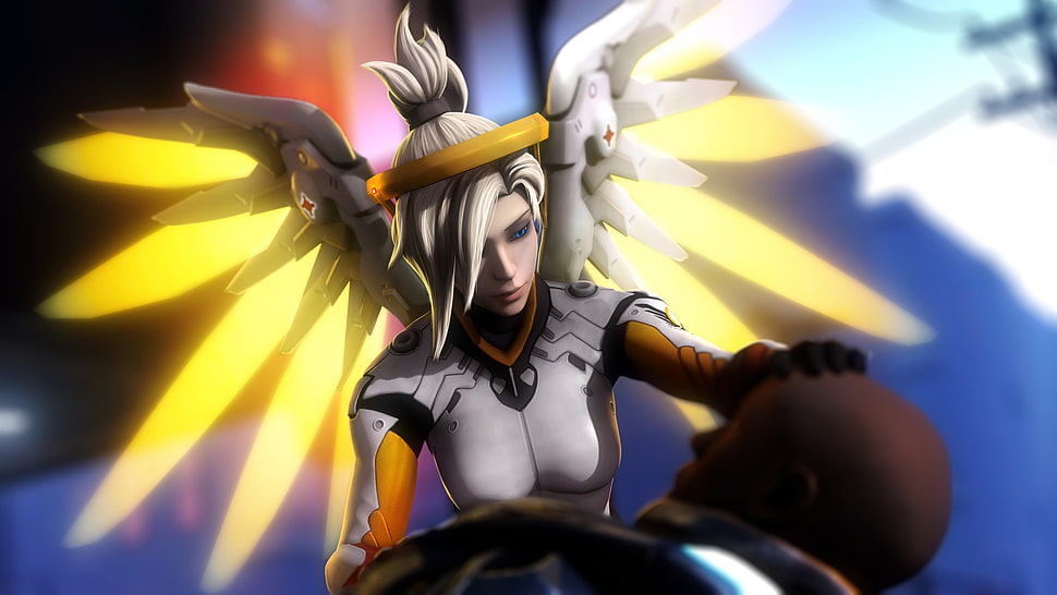 online game character wearing white and orange dress illustration, Overwatch HD wallpaper