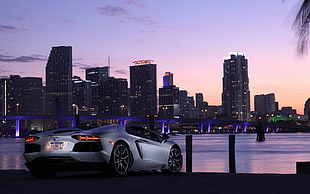 gray sports car in front of city building