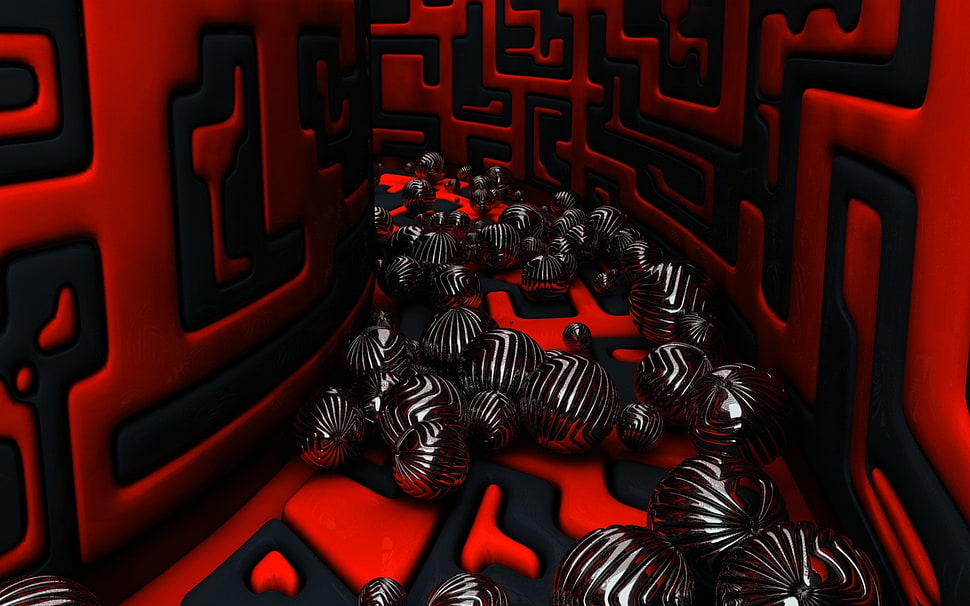 red and black digital wallpaper, 3D, sphere, mazes, CGI HD wallpaper