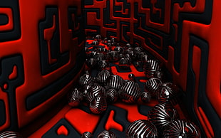 red and black digital wallpaper, 3D, sphere, mazes, CGI