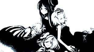 four black and white anime illustration