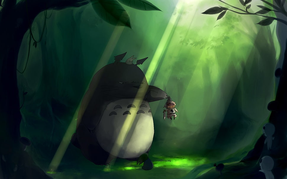 My Neighbor Totoro illustration, Totoro, Kodama, forest, anime HD wallpaper