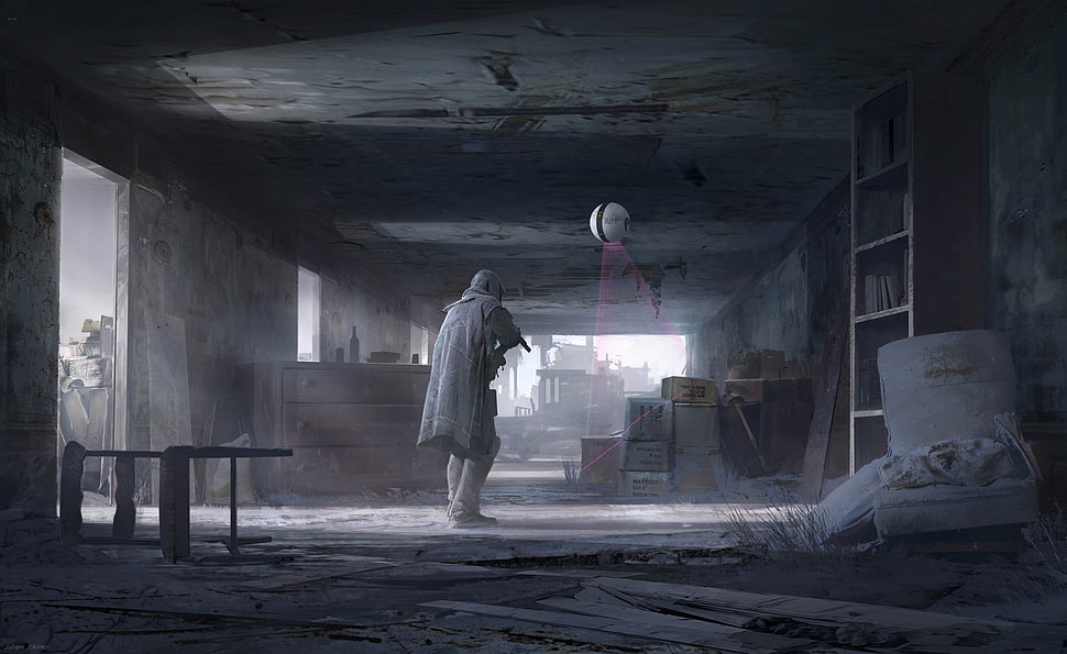 man holding weapon gameplay application screenshot, digital art, artwork, ruin, futuristic HD wallpaper