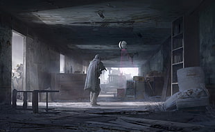 man holding weapon gameplay application screenshot, digital art, artwork, ruin, futuristic