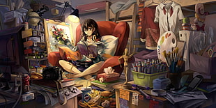 girl anime character holding book while painting HD wallpaper