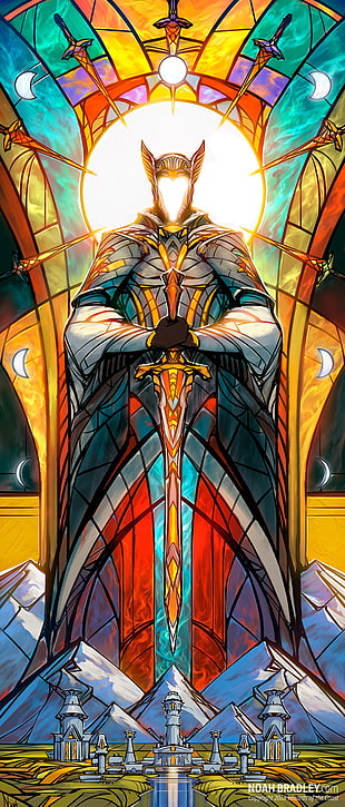 man with armor holding sword painting, Noah Bradley, men, stained glass, glass