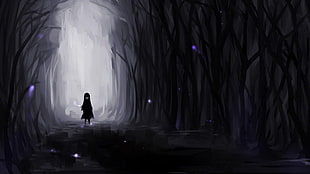 person standing in between trees painting, anime, dark, wood, artwork