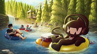 people on safety rings swimming on lake digital wallpaper HD wallpaper