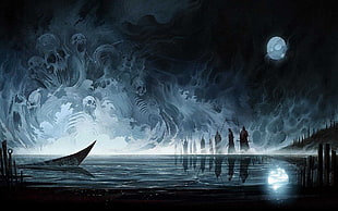 gray boat on body of water painting, fantasy art