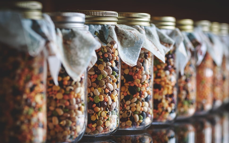 clear mason jar lot, macro, bottles, closeup HD wallpaper