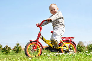 boy wearing gray sweater riding red and yellow bicycle during daytime