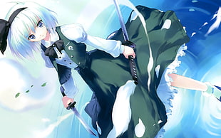 female white haired anime character holding katana