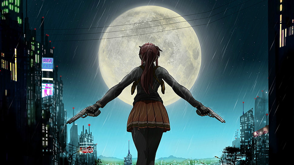 female character holding two pistols digital wallpaper, Black Lagoon, Revy, anime, Moon HD wallpaper