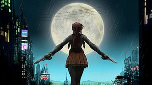 female character holding two pistols digital wallpaper, Black Lagoon, Revy, anime, Moon