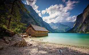 brown cabin, landscape, nature, boathouses, lake HD wallpaper
