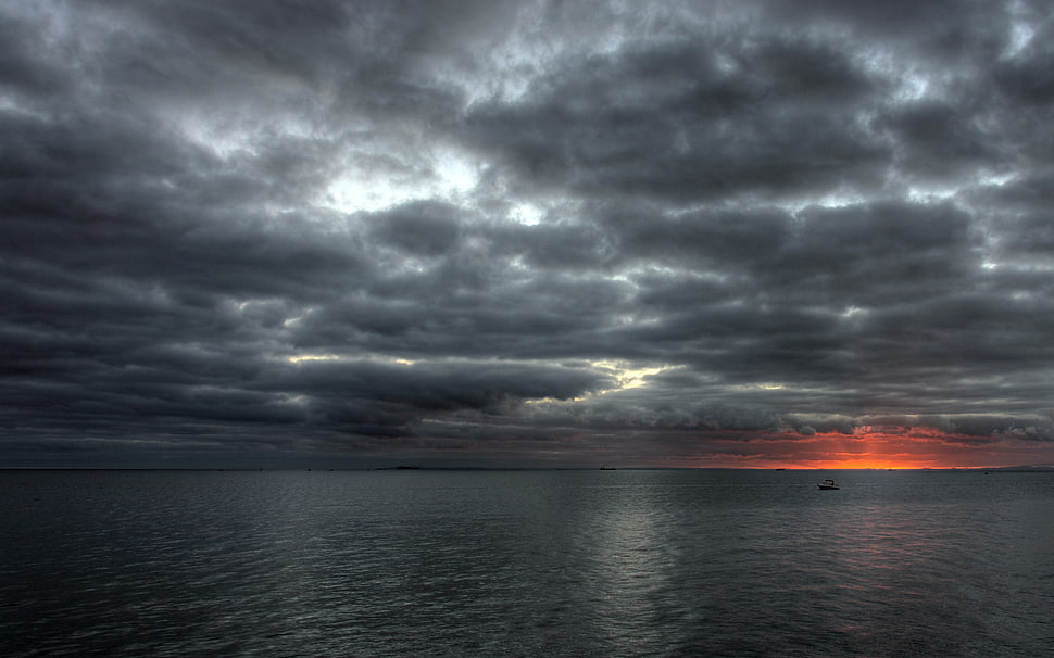 black and gray wooden table, sky, sunlight, clouds, sea HD wallpaper