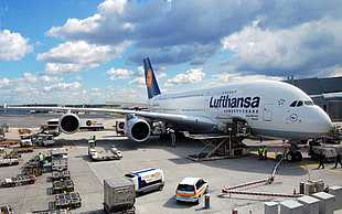 white Lufthansa airplane, aircraft, airplane, A380, Airbus HD wallpaper