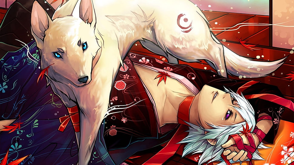 man and white wolf anime illustration, wolf, leaves, artwork, kimono HD wallpaper