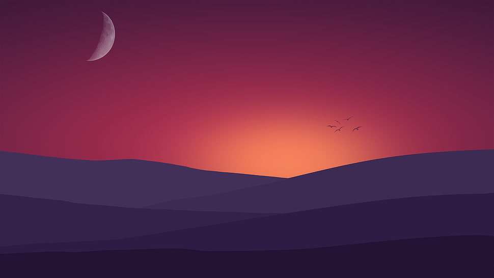 silhouette photo of mountain during sunset illustration HD wallpaper
