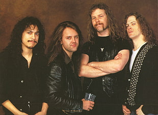 men's black leather jacket, Metallica , Lars Ulrich, James Hetfield, long hair