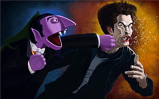 Dracula Sesame Street fighting with man in black zip-up jacket