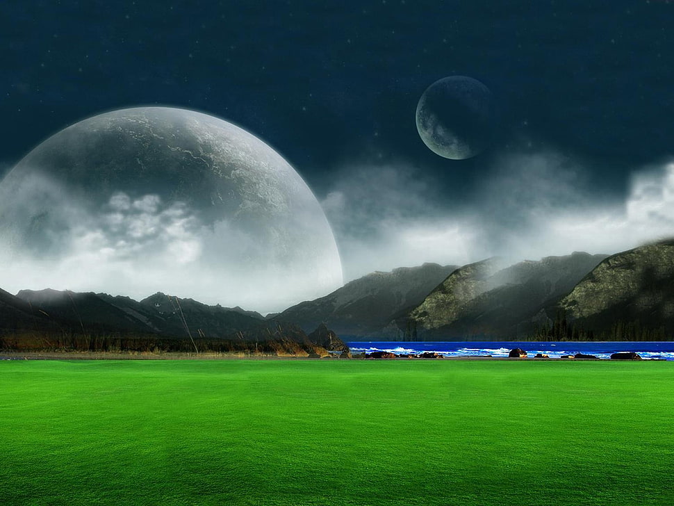 green grass field, space HD wallpaper