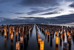 wooden poles in body of water, sea, nature, clouds, water
