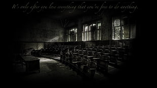 grayscale photo of chairs, classroom, interior, window, abandoned HD wallpaper