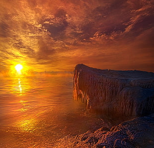 cliff during golden hour digital art, winter, nature, ice, lake HD wallpaper