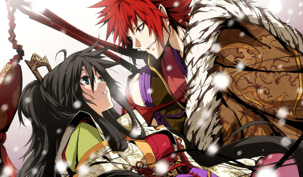 black hair woman and red hair man Anime characters HD wallpaper