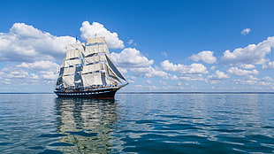 white and black sailing ship, sailing ship, water, clouds, blue