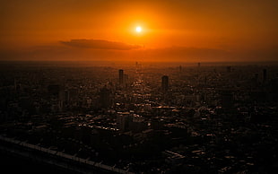 bird's eye view of urban area, sunset, city, cityscape, orange