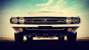 photography of classic white Dodge Challenger