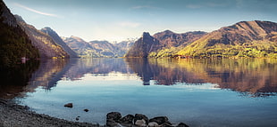 brown mountain, water, lake, mountains, landscape