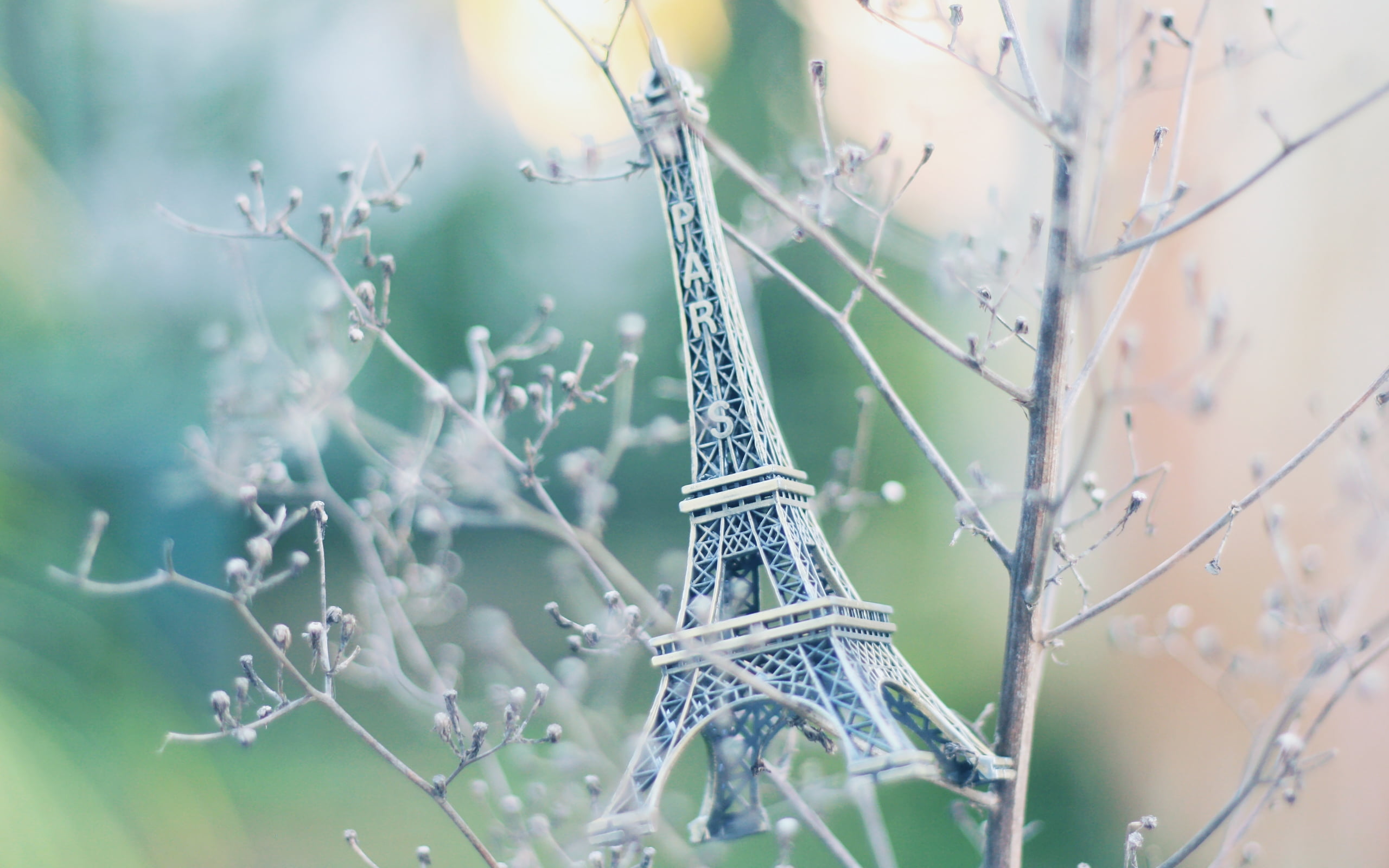 eiffel tower miniature hanging on a tree