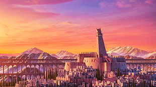 brown lighthouse miniature, anime, city, sunset, landscape HD wallpaper